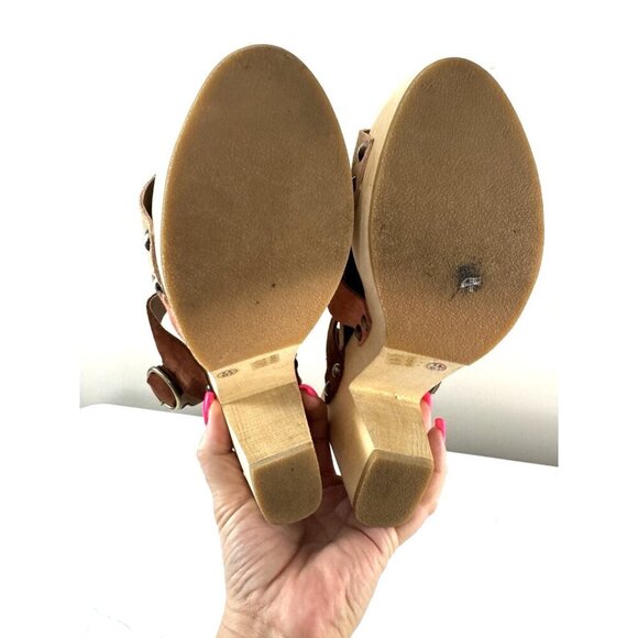 Retro Boho Chunky Platform Suede Leather 9.5 Sandals Pink Brown Wooden Heel - Picture 8 of 16